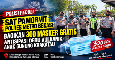 SAT PAMOBVIT POLRES METRO BEKASI BAGIKAN 300 MASKER GRATIS, ANTISIPASI DAMPAK DEBU VULKANIK ANAK GUNUNG KRAKATAU
