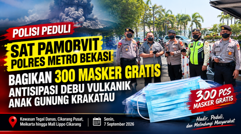 SAT PAMOBVIT POLRES METRO BEKASI BAGIKAN 300 MASKER GRATIS, ANTISIPASI DAMPAK DEBU VULKANIK ANAK GUNUNG KRAKATAU